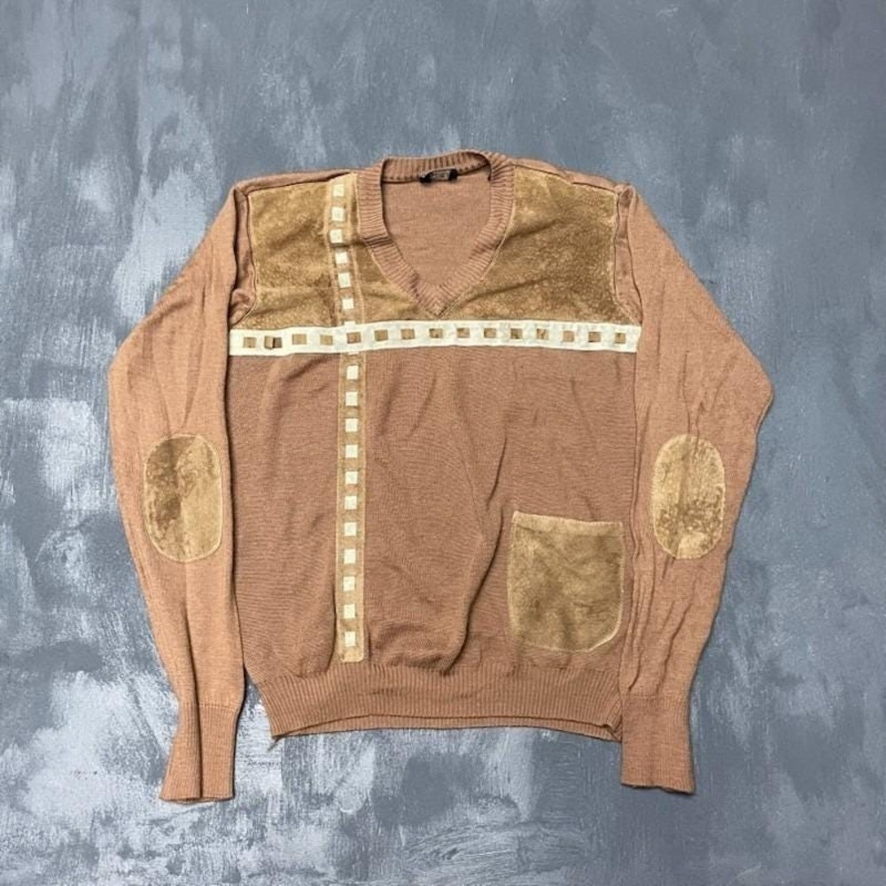Vintage Suede Trim V-Neck Sweatshirt Men Large Brown 1980s Alan Stuart